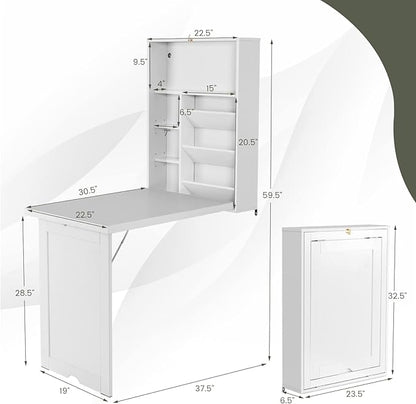 Wall Mounted Table w/Classified Storage Space, Foldable Multiple-Purpose Desk, Sturdy Wood Structure, White - LeafyLoom