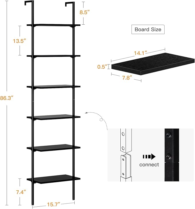 ODK Ladder Shelf, 6 Tier Black Bookshelf, 86 Inch Wall Mounted Book Shelf with Metal Frame, Ladder Bookshelf Bookcase for Bedroom, Home Office and Living Room - LeafyLoom