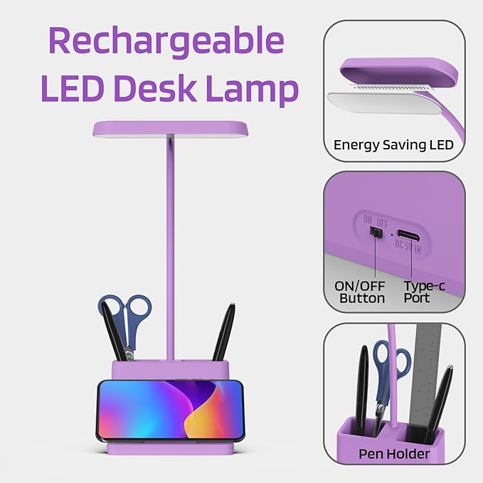 AXX Purple Desk Lamp, Study Lamp/Desktop Lamps for Small Spaces - Small, Battery Operated, Rechargeable, Cute, Gooseneck, Mini, Cordless - College Dorm Room/Home Office Desk Accessories - LeafyLoom