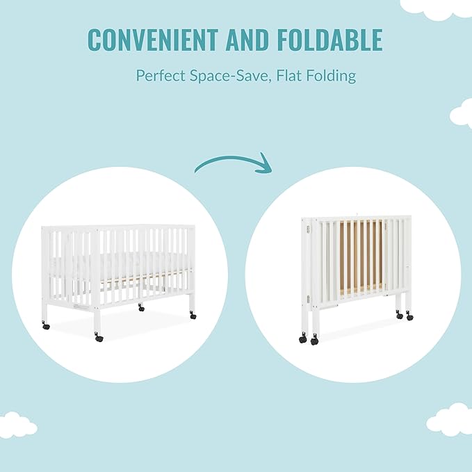 Quinn Full-Size Folding Crib In White, Removeable Wheels, Modern Nursey, Adjustable Mattress Support, Portable Crib, Patented Folding System - LeafyLoom