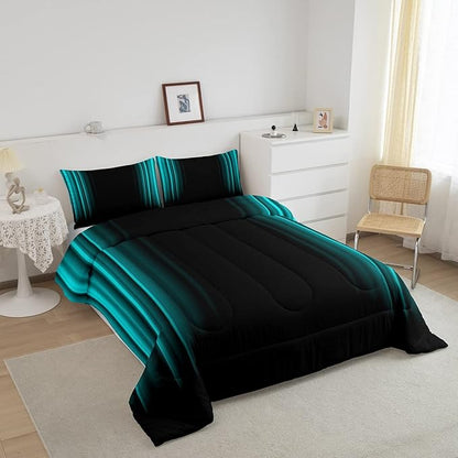 Geometric Abstract Ombre Comforter Set Kids Teens Teal and Black Striped Bedding Bed Set Decor Modern Fashion Comforter Inner Fill Bedroom Collection 3Pcs King Size - LeafyLoom