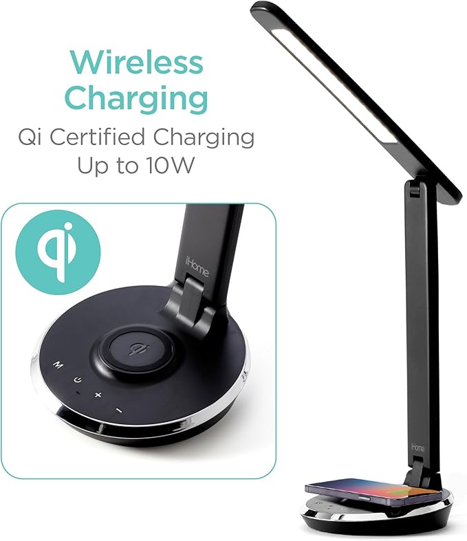 iHome Desk Lamp with Charging Station, Reading Light with Wireless Charging and USB Charging – Black (ILW200B) - LeafyLoom