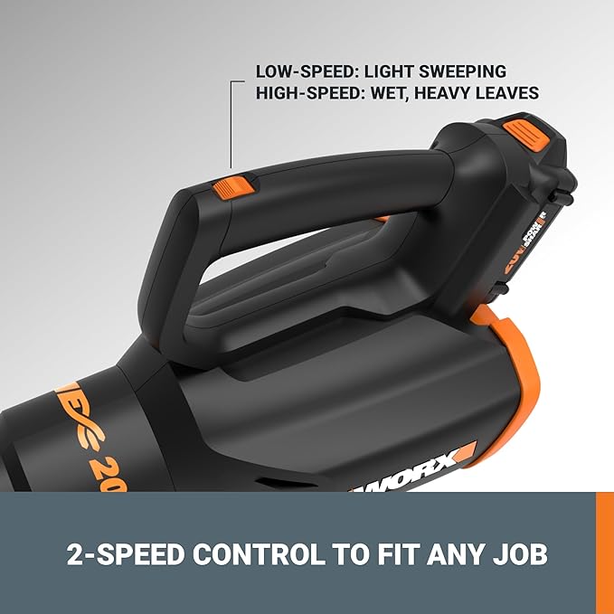 Worx 20V Cordless Leaf Blower WG547, Electric Blower, Powerful Turbine Fan Technology, 2-Speed Control, for One-Hand Operation, PowerShare – 1pc 2.0 Ah Battery and 1pc 0.4 A Charger Included - LeafyLoom