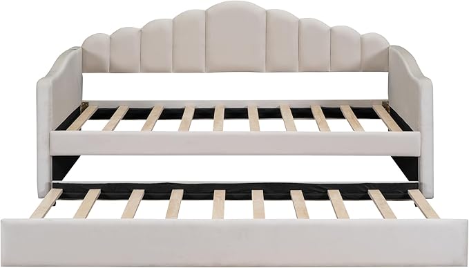 Twin Size Upholstered Daybed with Trundle and Striped Headboard, Velvet Bed w/USB Charging Ports & Side Pockets, for Bedroom Living Room, No Box-spring Needed - LeafyLoom