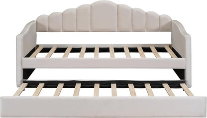 Twin Size Upholstered Daybed with Trundle and Striped Headboard, Velvet Bed w/USB Charging Ports & Side Pockets, for Bedroom Living Room, No Box-spring Needed - LeafyLoom