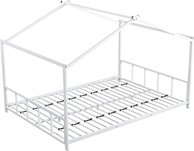 Full Size Montessori Floor Bed with Roof Design for Kids Bedroom,House Bedframe for Small Space,Easy Assembly & No Box Spring Needed, White - LeafyLoom