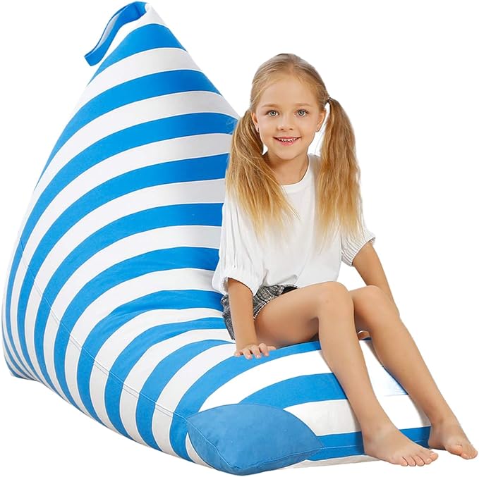 Aubliss Stuffed Animal Storage Bean Bag Chairs Cover, 50"x 35" Extra Large Bean Bags Chair for Kids & Adults, Beanbag Toy Storage for Boys Girls - Premium Cotton Canvas Blue Stripe - LeafyLoom