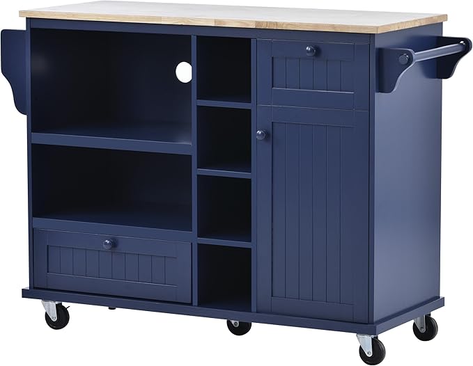 Mobile Kitchen Cart with Storage Cabinet & Solid Wood Desktop, Kitchens Island on Wheels w/Adjustable Shelf and Drawer, Floor Standing Buffet Sideboard for Dining Room, Bar - LeafyLoom