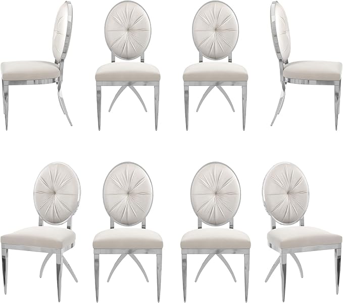 ACEDÉCOR Dining Chairs, White Velvet Dining Room Chairs with Silver Mirrored Legs, Glam White Kitchen Chairs for Dining Room, Kitchen, Living Room (Set of 8) - LeafyLoom