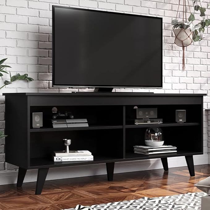 Madesa TV Stand Cabinet with 4 Shelves and Cable Management, Entertainment Center for TVs up to 55 Inches, Wooden, 23'' H x 15'' D x 53'' L – Black - LeafyLoom