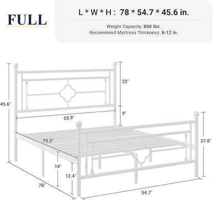 Allewie Full Size Metal Platform Bed Frame with Victorian Vintage Headboard and Footboard/Mattress Foundation/Under Bed Storage/No Box Spring Needed/Noise-Free/Easy Assembly, White - LeafyLoom