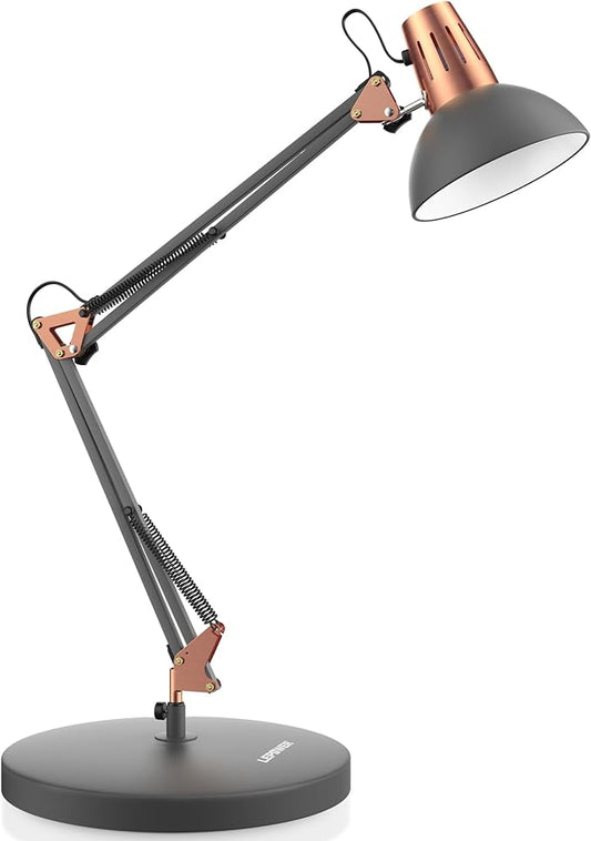 LEPOWER Metal Desk Lamp, Adjustable Goose Neck Architect Table Lamp with On/Off Switch, Swing Arm Desk Lamp with Clamp, Eye-Caring Reading Lamp for Bedroom, Study Room &Office (Sandy Black) - LeafyLoom