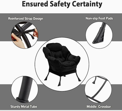 Lazy Chair Thick Padded, Accent Chair Velvet Upholstered with Wide Seat, Stable Metal Frame and Non-Slip Pad, Modern Sofa Armchair with Side Storage Bag for Dorm, Room, Office, Black - LeafyLoom