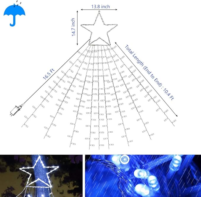 PUHONG Christmas Decoration Star Lights Outdoor,320 LED 16.4Ft Christmas String Lights[8 Modes & Waterproof] for Halloween Xmas New Year Holiday(Iron) (White) PUHONG