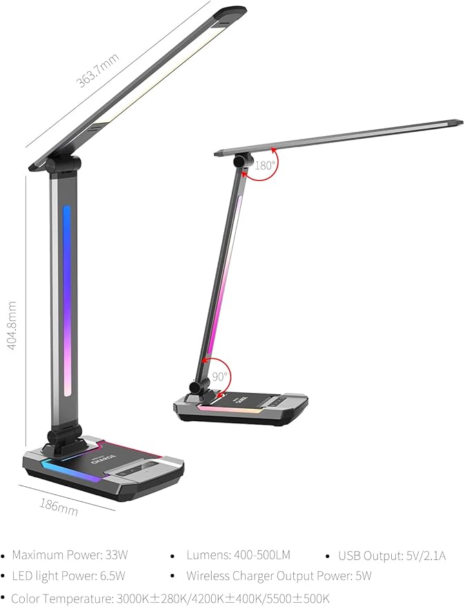 WILIT LED RGB Gaming Desk Lamp, Voice Activated Changing Colors Rhythm Light with Wireless Charger and USB Charging Port, Colorful Ambient Light Touch Table Lamp for Gaming, PC, Room Decoration - LeafyLoom