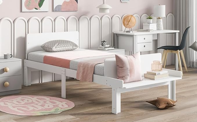 Twin Bed with Footboard Bench, Twin Kid Bed with Headboard, Wood Slat Support, Cute Kid Bed Frame with Book Storage Space, Twin Car Bed for Boys Girls Bedroom, No Box Spring Needed, White - LeafyLoom