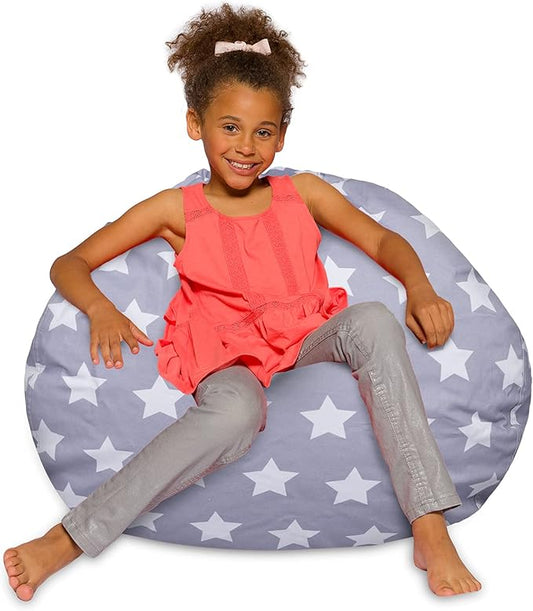 Posh Creations Bean Bag Chair for Kids, Teens, and Adults Includes Removable and Machine Washable Cover, Canvas White Stars on Gray, 38in - Large - LeafyLoom