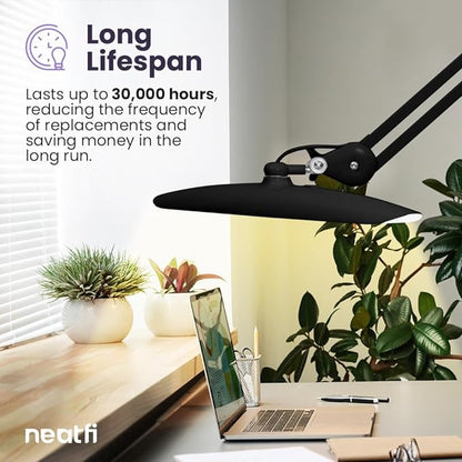 Neatfi XL 2,200 Lumens LED Task Lamp, 24W Super Bright Desk Lamp, 117 Pcs SMD LED, 4 Level Brightness, Dimmable, Task LED Light for Home, Office, Workbench (CCT, Black) - LeafyLoom