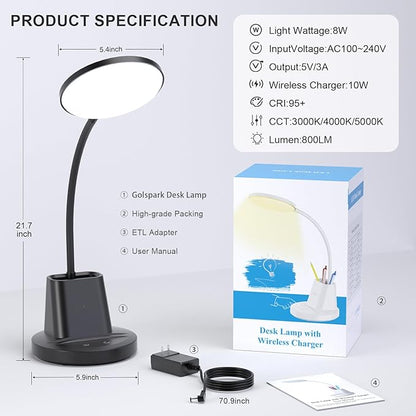 comzler LED Desk Lamp with Wireless Charger Pen Phone Holder, Black Desk Lamp for Home Office, Dimmable Desk Light 3 Color Modes, College Dorm Study Lamp for College Dorm, CRI 90 800 Lumen - LeafyLoom