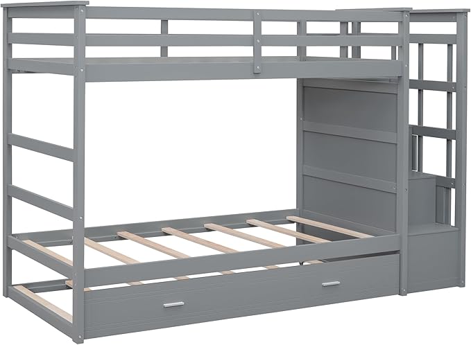 Twin Over Twin Bunk Bed with Stairs, 4 Storage Drawers and Trundle, Wooden Bunkbeds with Staircase and Full-Length Guardrails, for Kids/Teens Bedroom, Gray - LeafyLoom