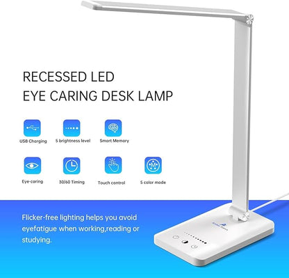 Ambertronix LED Desk Lamp with USB Charging Port, Dimmable Eye-Caring Reading Desk Light for Home, with 5 Brightness Level & 3 Lighting Modes, Touch Control, Auto Timer (White) - LeafyLoom