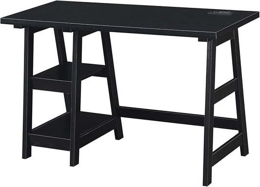 Convenience Concepts Designs2Go Trestle Desk with Charging Station and Shelves, Black - LeafyLoom