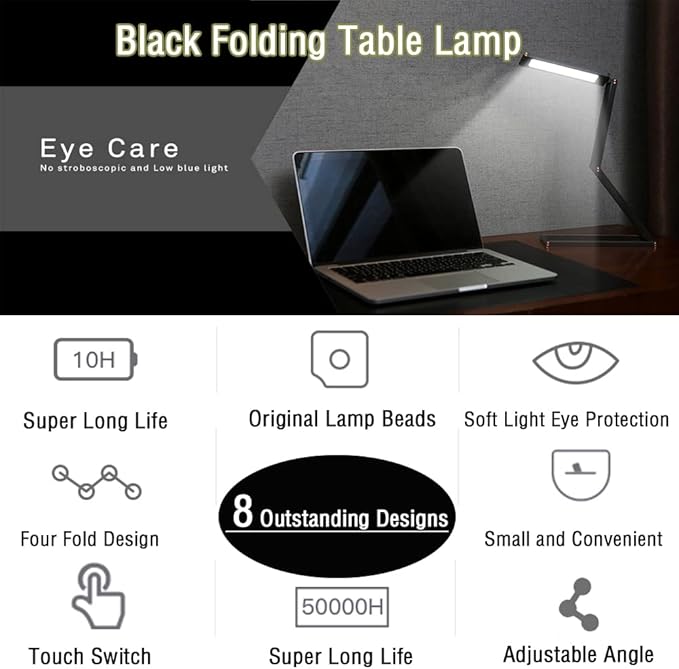 Foldable LED Desk Light, Slim Portable Rechargeable USB Table Light, Eye-Caring Aluminium Alloy Table Lamps,for Home, Reading, Studying, Work, Travel (Black) - LeafyLoom