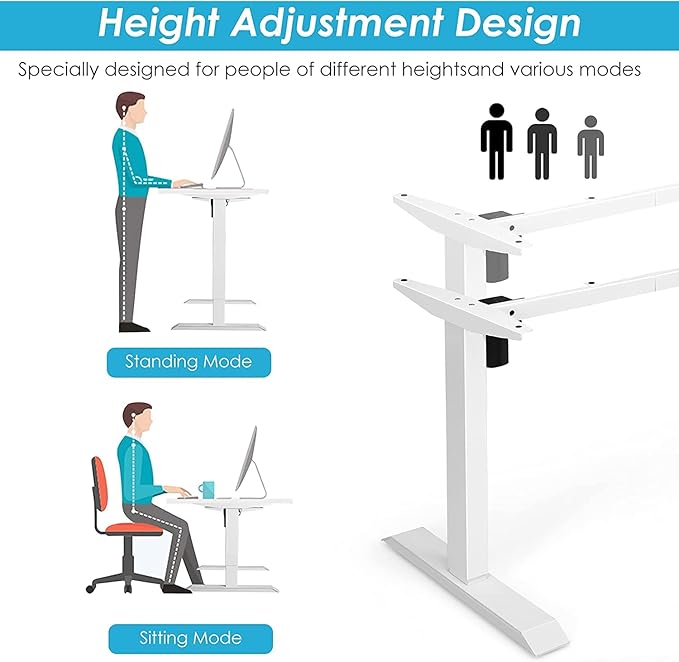 Electric, Single Motor Height Adjustable 2 Button Controller, Table Base for Work Home Office Computer Workstation Standing Desk Frame, White - LeafyLoom