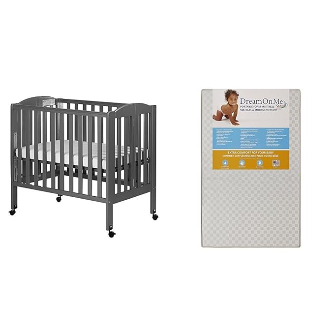 3 in 1 Portable Folding Stationary Side Crib with Dream On Me 3 Portable Crib Mattress, White - LeafyLoom