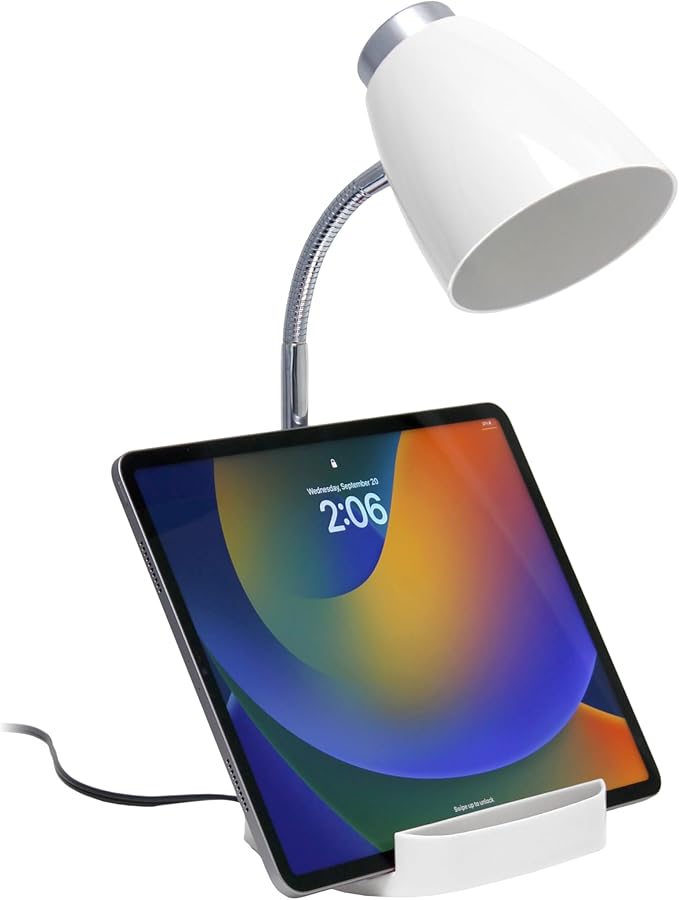 Simple Designs LD1067-WHT Compartmental Desk Lamp with iPhone/iPad/Tablet Stand, Bendable Gooseneck, for Office, Living Room, Nightstand, Library, Entryway, White - LeafyLoom