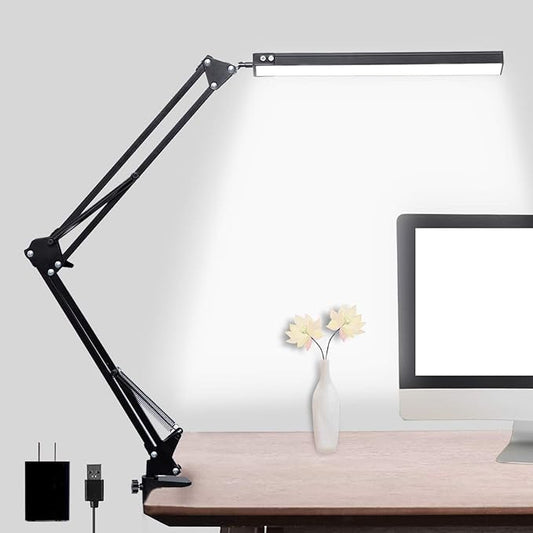 LED Desk Lamp, Adjustable Swing Arm Lamp with Clamp, Eye-Caring Reading Light, 10 Brightness Levels, 3 Lighting Modes, Memory Function Lamps for Home Office Adapter (Black) - LeafyLoom