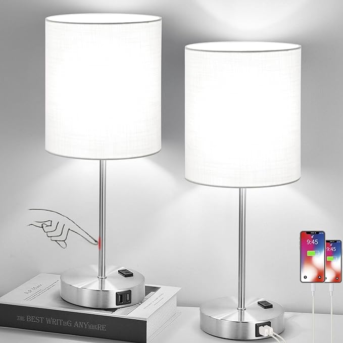 𝟮𝟬𝟮𝟯 𝗡𝗘𝗪 Set of 2 Touch White Table Lamps with 2 USB Ports & AC Outlet, 3-Way Dimmable Bedside Nightstand Lamps for Bedroom Living Room Nursery , 800 Lumens 5000K Daylight Bulbs Included - LeafyLoom