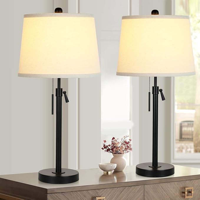 Bedside Table Lamps Set of 2: Tall Black Table Lamps for Living Room End Table | Height Adjustable 3-Way Dimmable Nightstand Lamp with Pull Chain Switch Modern Lamps for Bedroom Office(Bulbs Included) - LeafyLoom