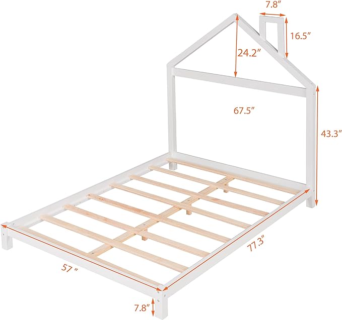 Jintop Full Size Wood Platform House-Shaped Headboard and Chimney,Bedroom Furniture Bed Frame W/ 10 Slat Support,Easy to Install,for Teens Kids Girls Boys,White - LeafyLoom