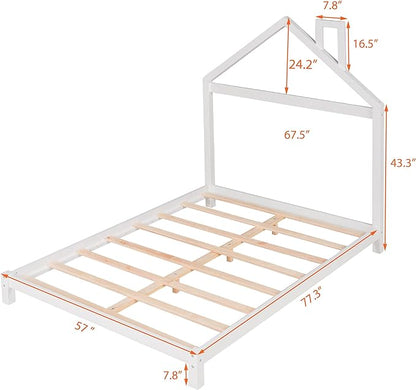 Jintop Full Size Wood Platform House-Shaped Headboard and Chimney,Bedroom Furniture Bed Frame W/ 10 Slat Support,Easy to Install,for Teens Kids Girls Boys,White - LeafyLoom