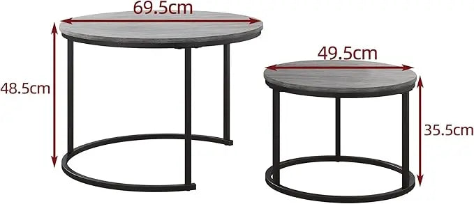 Nesting Round Coffee Table Set of 2 End Tables for Living Room,Grey Coffee Table Wooden Accent Furniture with Metal Frame,Stacking Side Tables,Black+Warm Grey - LeafyLoom