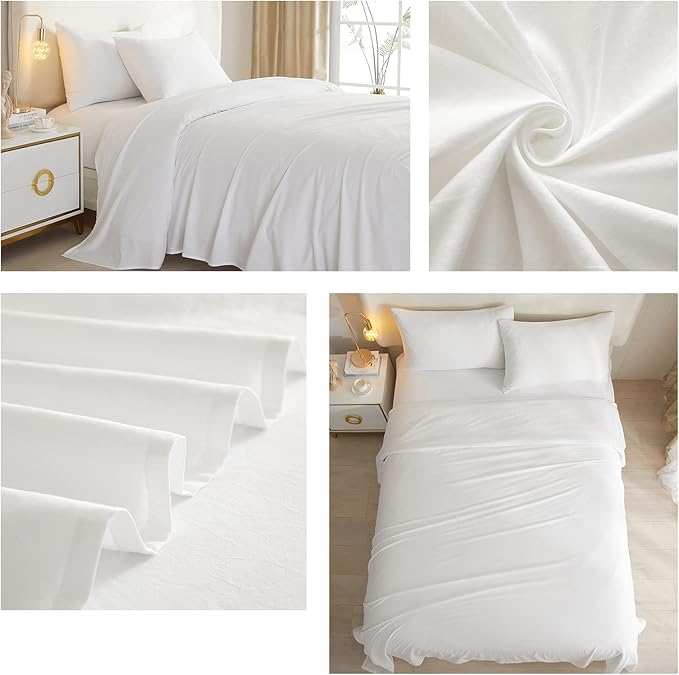 HighBuy White Sheets for Queen Size Bed,4 Piece Cooling Sheets Queen Deep Pocket up to 16 Inch,Solid Bedding Sheets & Pillowcases Set,Wrinkle, Fade, Stain Resistant - 4 Piece (Queen, White) - LeafyLoom