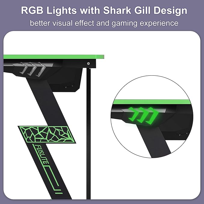 Gaming Desk 47 inch, PC Computer Desk RGB Light Gaming Table with Cup Holder, Earphone Hook, Power Strip Box, Green - LeafyLoom