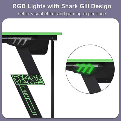 Gaming Desk 47 inch, PC Computer Desk RGB Light Gaming Table with Cup Holder, Earphone Hook, Power Strip Box, Green - LeafyLoom