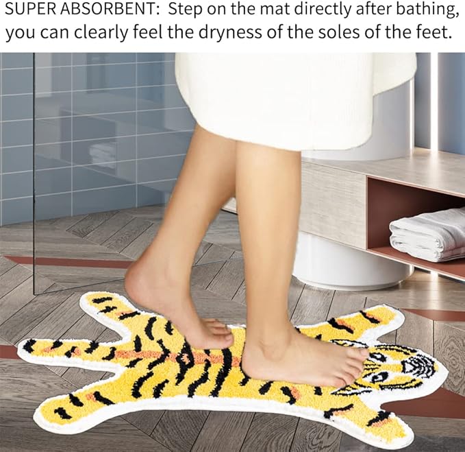 Tiger Shaped Bath Mat for Bathroom Cute Animals Yellow Tiger Cartoon Bath Rug Non-Slip Absorbent Bathtub Rug for Bathroom Tub Door Mat Soft Bathmat Home Decor - LeafyLoom