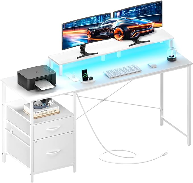 Yoobure Computer Desk, Office Desk with LED Lights & Power Outlets, Gaming Desk with Fabric File Cabinet, 55.1" Home Office Desks， Writing Desk with Drawers, Computer Table with Long Monitor Stand - LeafyLoom