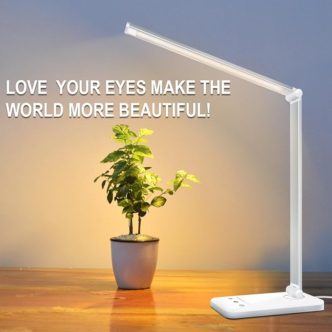 LED Desk Lamp Dimmable Table Lamp Reading Lamp with USB Charging Port, 5 Lighting Modes, Sensitive Control, 30/60 Minutes Auto-Off Timer, Eye-Caring Office Lamp - LeafyLoom