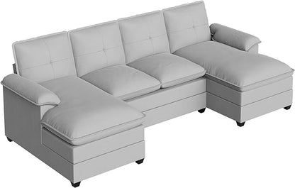 Shintenchi 110" Modular Sectional Couches for Living Room, U-Shaped Sofa Couch with Double Chaise, 4 Seat Sofa Sets with Thick Cushion & Soft Backrest, Light Grey - LeafyLoom