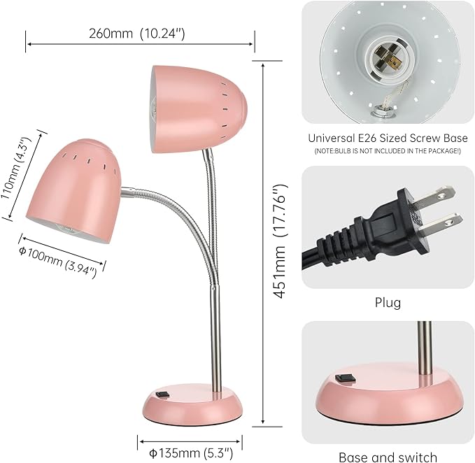 Eye-Caring Table Lamp of Simple Designs Home E26 Led Screw Basic Metal Desk Lamp with Flexible Gooseneck Hose Neck Study Lamp for Bedroom Office Living Room Convenient On/Off Switch(Pink) - LeafyLoom