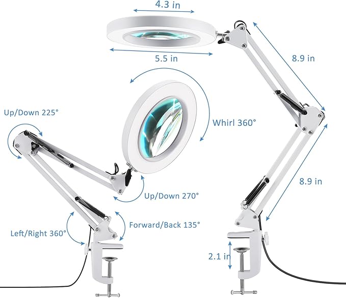 2-in-1 Magnifying Glass with Light and Stand, 5X Real Glass Lens 3 Color Modes Stepless Dimmable, Adjustable LED Lighted Magnifier Desk Lamp with Clamp for Reading, Crafts, Close Works - White - LeafyLoom