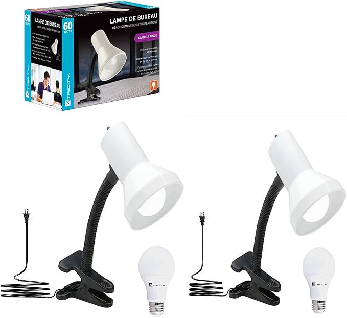 Xtricity Desk Lamp with Clamp Base and Adjustable Gooseneck, clamp lamp for Bed 6W A19 Led Bulb Included, 120V, Convenient On/Off Switch, White Finish (2 Pack) - LeafyLoom