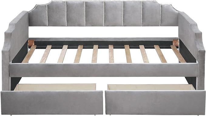 Twin Size Velvet Upholstered Daybed with Drawers, Solid Wood Bed w/Vertical Stripes Designed Backrest and Pine Legs, for Living Room, Bedroom, Dorm, No Box Spring Needed - LeafyLoom