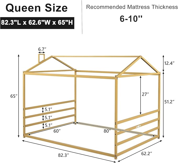 Queen Size Metal Floor Bed for Kids,Montessori Floor Bed with Roof,House Bed Frame for Boys Girls,Metal House Shape Platform Bed,Gold - LeafyLoom