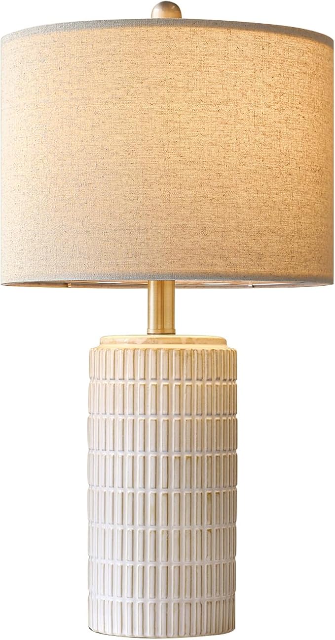 PoKat 23'' Bedside Table Lamp for Bedroom Nightstand - Ceramic Lamp for Living Room, White Night Stand Light Lamp with Round Linen Shade, Modern Bedroom Lamp Beige - LeafyLoom