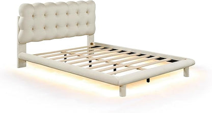 RITSU Queen Size Velvet Fabric Platform Bed, Solid Wood Bedframe with LED, Button Tufted Headboard, includes 16 Colors Lights Can Remote Control, No Box Spring Needed, Beige - LeafyLoom